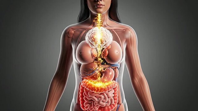 Stress And Digestive Discomfort Concept Featuring Transparent Torso Highlighting Internal Organs in Glowing Visualization