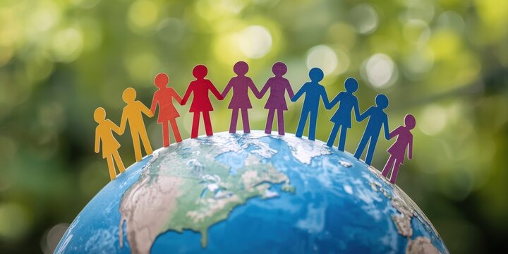 Colorful paper cutout human figures holding hands standing on a globe representing global unity and peace concept