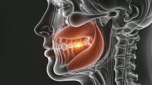 Transparent Anatomical Scan of Facial Muscles Highlighting Masseter and Jaw Structure in 4K Detailed Visualization for Medical and Healthcare Applications