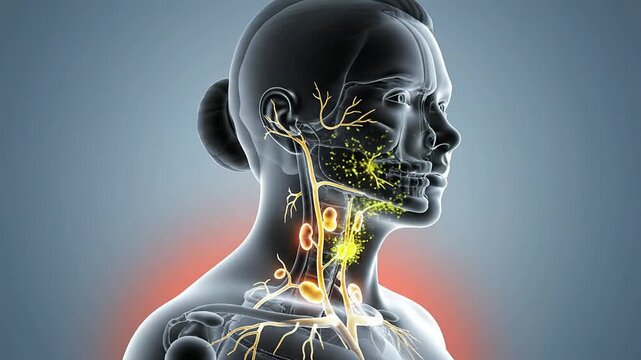 Transparent Head And Neck Illustration Showcasing Lymph Congestion Concept With Neural Pathways In Calming Gradient Background