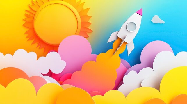 A colorful paper rocket launches against a vibrant backdrop of clouds and a sun, symbolizing adventure and exploration.