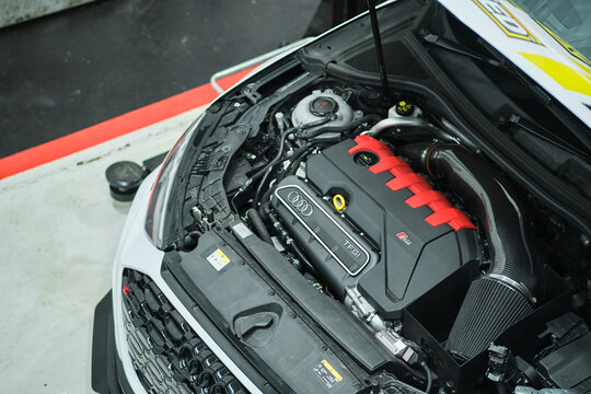kent, uk, 01.01.2026 Audi RS TFSI turbocharged performance engine bay with carbon fibre intake system, high performance German sports car engineering and automotive technology