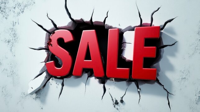 3D text "SALE" breaking through a white wall, with a red-colored font and black cracks in the letters.