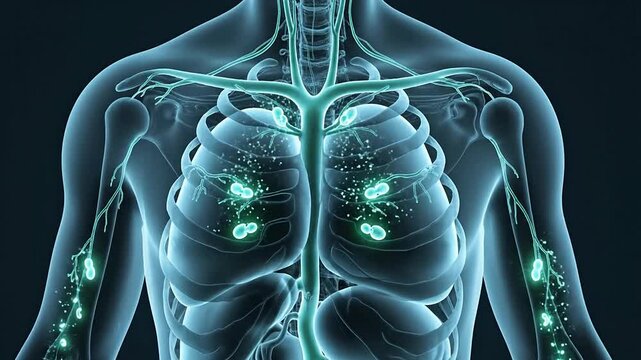Transparent Human Body Illustration Showcasing Healthy Lymphatic Flow With Glowing Nodes And Vessels Against A Dark Background For Wellness And Medical Concepts