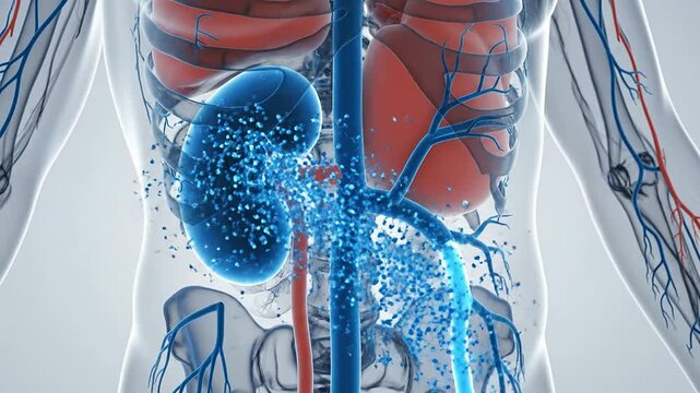 Transparent Human Torso Showing Internal Organs Focused on Kidney and Organ Transplant Monitoring Concept in a Medical Illustration