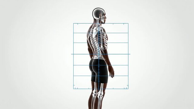 Transparent Side View Of Anatomical Skeleton And Wellness Screening Overlay Lines For Health And Anatomy Reference In 4K