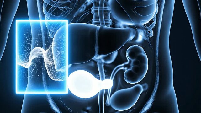 Ultrasound-Inspired Medical Imaging of Transparent Abdomen Showcasing Vital Organs in Stunning Blue Glow for Advanced Healthcare Visualization and Technology Use