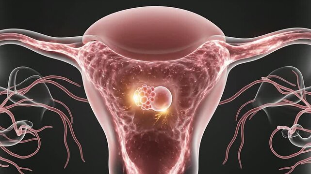 Visual Representation of Early Pregnancy Implantation in a Transparent Uterus Showcasing Cellular Activity and Biological Processes in 4K