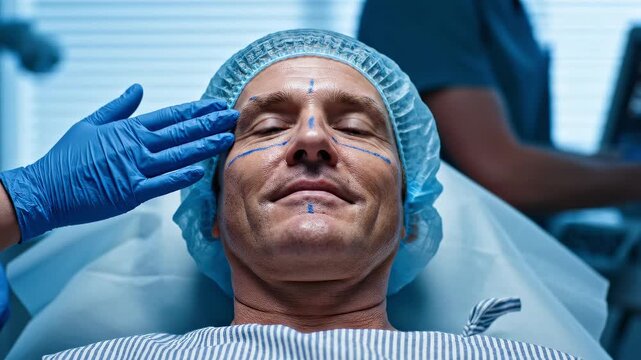 Middle-aged man on operating table with facial markings for cosmetic procedure