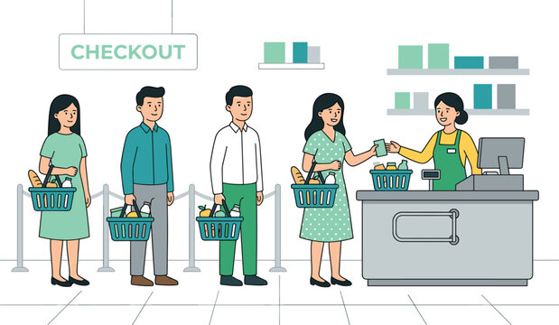 Customers with grocery baskets waiting in checkout line at supermarket cash register flat vector illustration