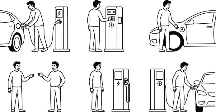 Electric vehicle charging station line icon set with people powering cars and using terminal interfaces