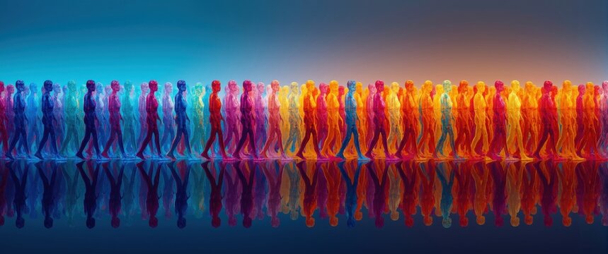 Crowd of people walking in a gradient color transition from blue to orange with reflective floor surface