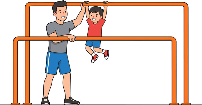 Father helping his young son hanging on monkey bars parallel gym structures vector illustration concept