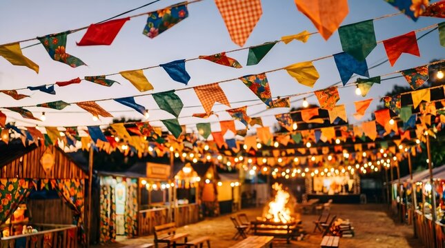 Outdoor festival with colorful flags and string lights festival celebration decoration carnival gathering atmosphere colorful