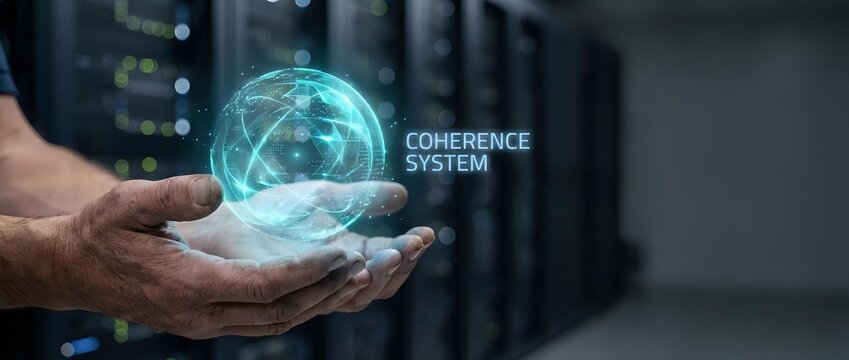 Male technician holding glowing digital globe with coherence system text in server room environment, representing global network connectivity and data management technology.