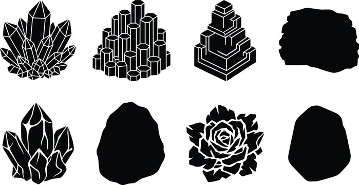 Crystal and Rock Silhouette Icon Collection Featuring Geometric Formations, Basalt Columns, and Abstract Structures