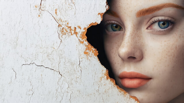 A fair-skinned woman with freckles, red eyebrows, and blue eyes peers through a jagged hole in a cracked white wall.
