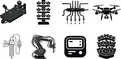 Fototapeta premium Smart Farming and Agricultural Automation Silhouette Collection Featuring Drones, Sensors, Robotics, and Vertical Farming Systems