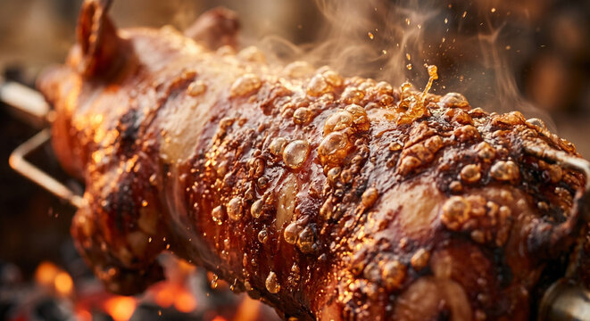 Close up of a crispy whole roasted pig on a spit with bubbling skin over an open fire.