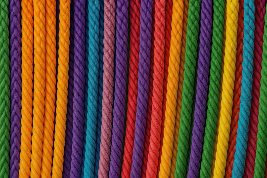 Vertically aligned, tightly braided ropes in vibrant rainbow colors create a textured, repeating pattern.