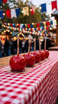 Red candied apples on sticks at outdoor festival market stall with festival carnival seasonal celebration confectionery decoration