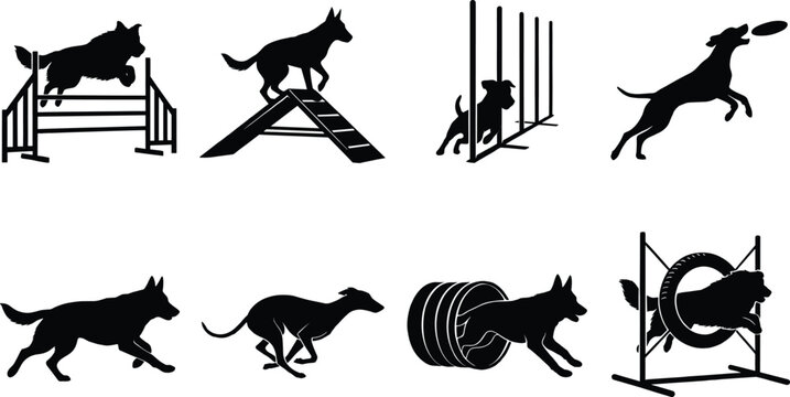 Dog Agility Training and Obstacle Course Silhouettes Vector Set of Canines Jumping Running and Playing
