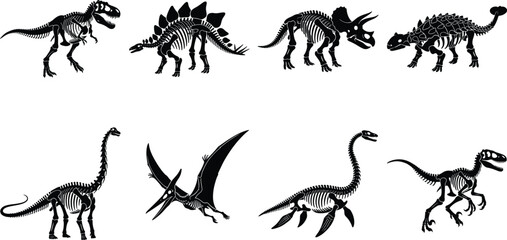 Prehistoric Dinosaur Skeleton Silhouettes Vector Set of Fossil Bones and Extinct Reptile Anatomy Icons © MdMenhajul