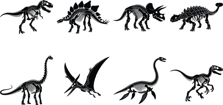 Prehistoric Dinosaur Skeleton Silhouettes Vector Set of Fossil Bones and Extinct Reptile Anatomy Icons