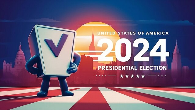 presidential election poster for the year 2024, featuring the American flag in the background and a voting icon in the foreground. featuring the text the text UNITED STATES, created with generative ai