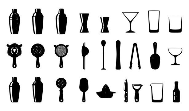 Bartender and cocktail equipment outline icon collection vector illustration