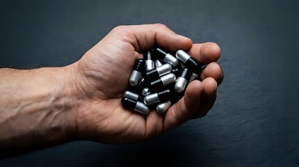 Fototapeta premium Male hand holding ammunition bullets in palm against dark background, suitable for security, crime, military, and editorial content.