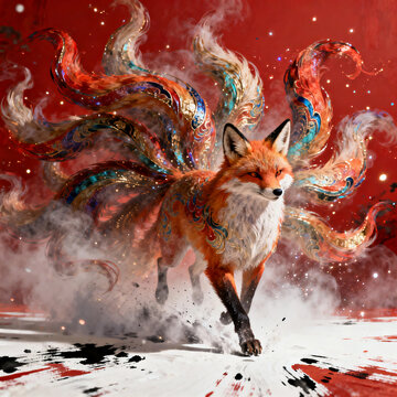 Mythical Nine-Tailed Fox with Ornate Tails in Red Background