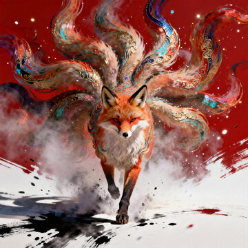 Mythical Nine-Tailed Fox with Ornate Tails in Red Background