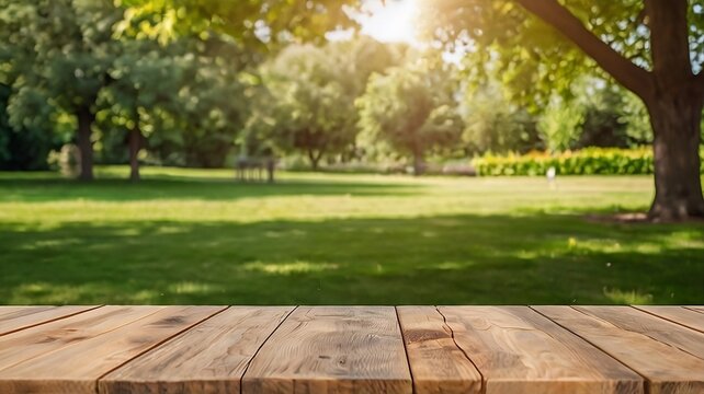Empty wooden table in summer background with the blurred green garden and picnic or BBQ in the background, created with generative ai