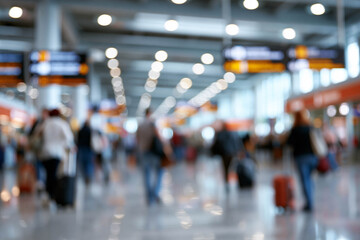 Fototapeta premium Blurred image of busy airport terminal with travelers carrying luggage, illuminated signs displaying flight information and modern architecture in the background