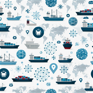 Seamless vector illustration of global shipping and logistics with cargo ships, containers, world maps, and navigation icons on a light background