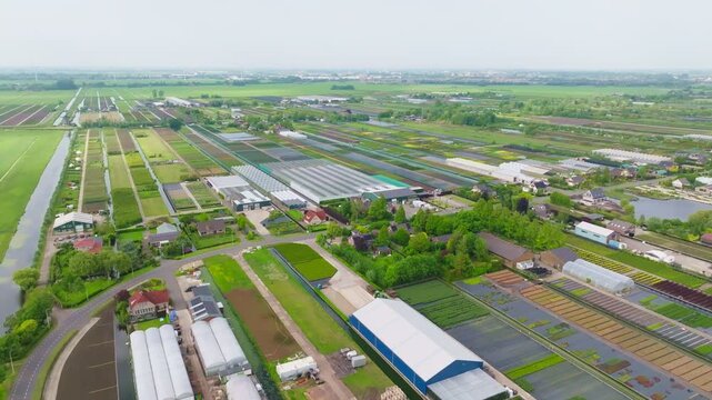 Aerial view shows big farming area with rows of crops, green houses and farming buildings in a rural area