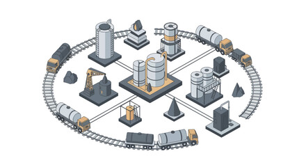 Isometric industrial complex with trains and factories. © Fais