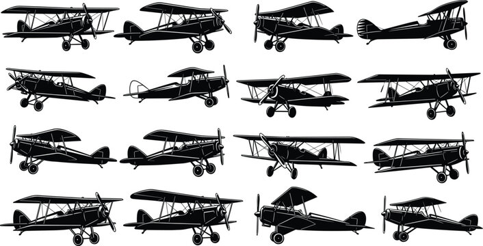 Vintage Biplane Silhouette Vector Collection Featuring Classic Aviation Designs