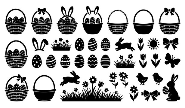 Spring Easter basket silhouette collection with holiday icons