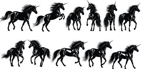 Unicorn silhouette collection, black vector illustration of mythical horse poses with flowing manes and magical horns © MD Tariful islam