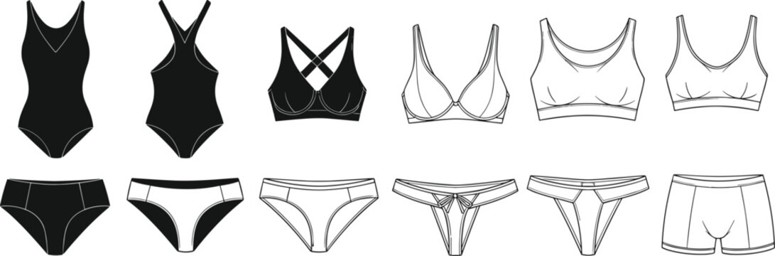 Women&rsquo;s lingerie silhouette collection, swimwear and undergarment vector set with bras bodysuits underwear, fashion design elements, decorative clothing icons