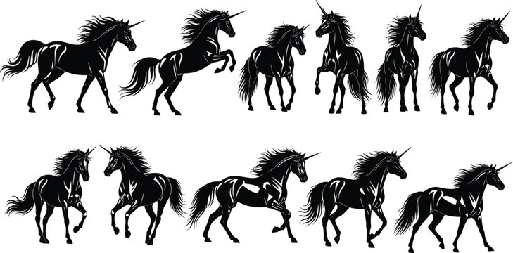 Unicorn silhouette collection, black vector illustration of mythical horse poses with flowing manes and magical horns