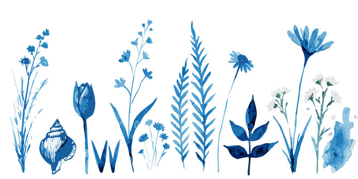 Blue watercolor botanicals and seashell border with delicate floral elements and airy foliage on white