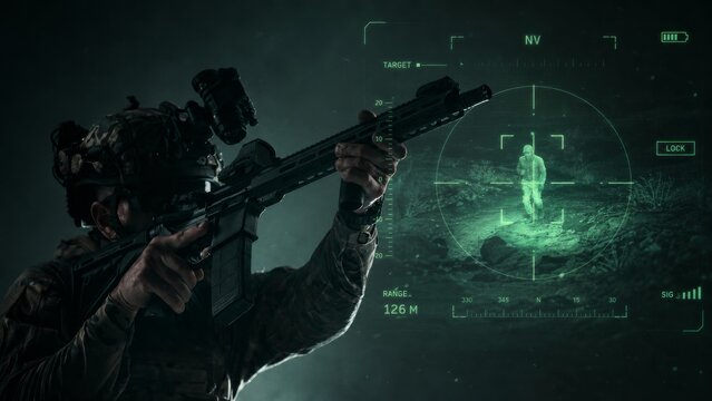 Futuristic defense technology concept with armed soldier, rifle sight, holographic terrain scan, target markers and surveillance overlay