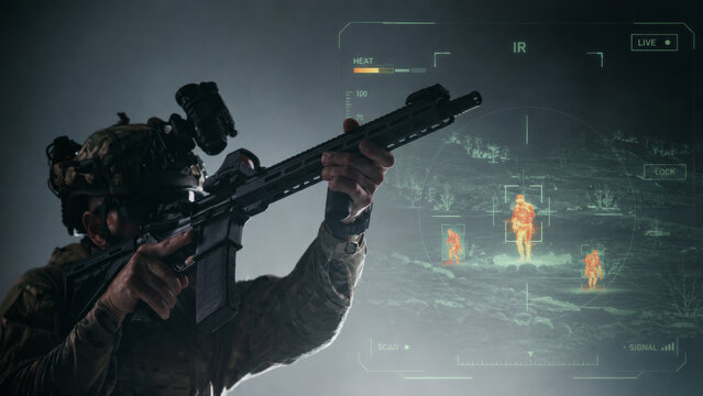 Military reconnaissance image with armed commando, rifle sight, NVG equipment, target acquisition overlay and low light mission atmosphere
