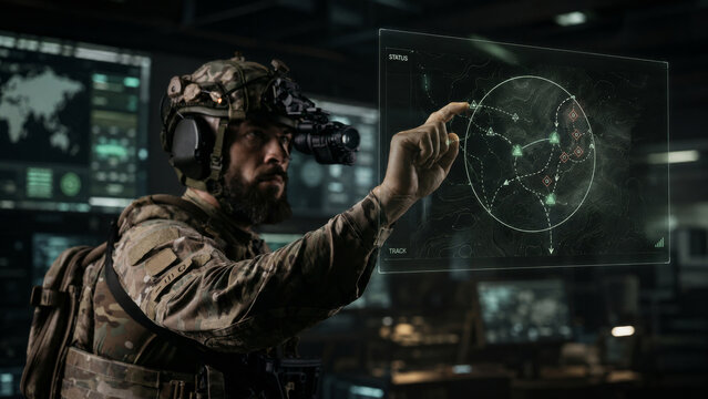Tactical operator using augmented reality map interface in dark command center, military mission planning, digital battlefield tracking and surveillance technology