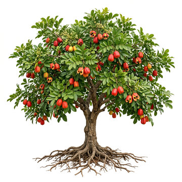 Ackee Tree Ultra realistic full ackee tree bearing red ackee fruits, detailed leaves, isolated on white background