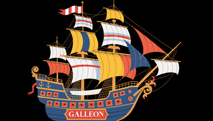 Very beautiful GALLEON with multiple sails, ornate stern decorations, and a decorative label reading "GALLEON", realistic colorful vector illustration. © ehsanollah