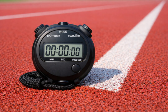 Digital stopwatch on red running track field with stopwatch competition athletic measurement training performance exercise physical